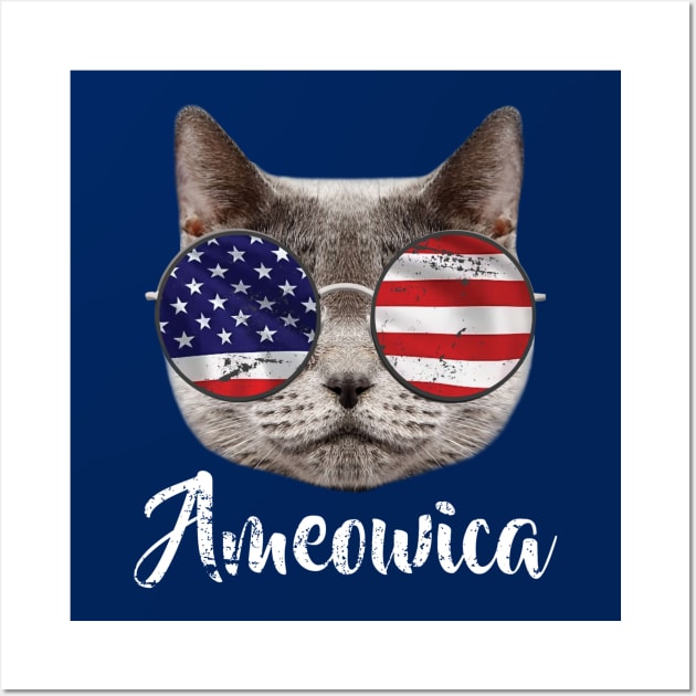 Ameowica America USA Cat Sunglasses Flag navy Wall Art by gerasute